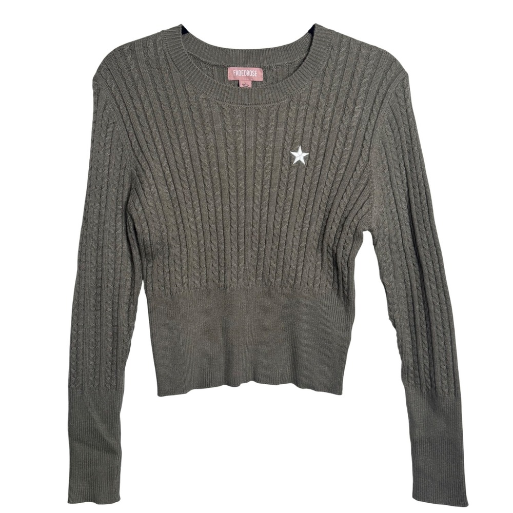 Faded Rose Cable‑Knit Cropped Sweater Olive Gray Minimalist Style Size L